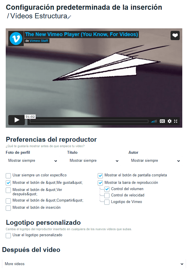 Personalizar la inserción de vídeos en Vimeo de todos los vídeos a la vez